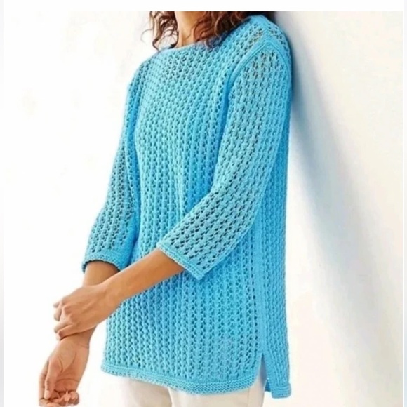 J JILL Sweater Women’s Sz SMALL Open Knit  3/4 Sleeves Round Neck Pullover Blue - Picture 1 of 9